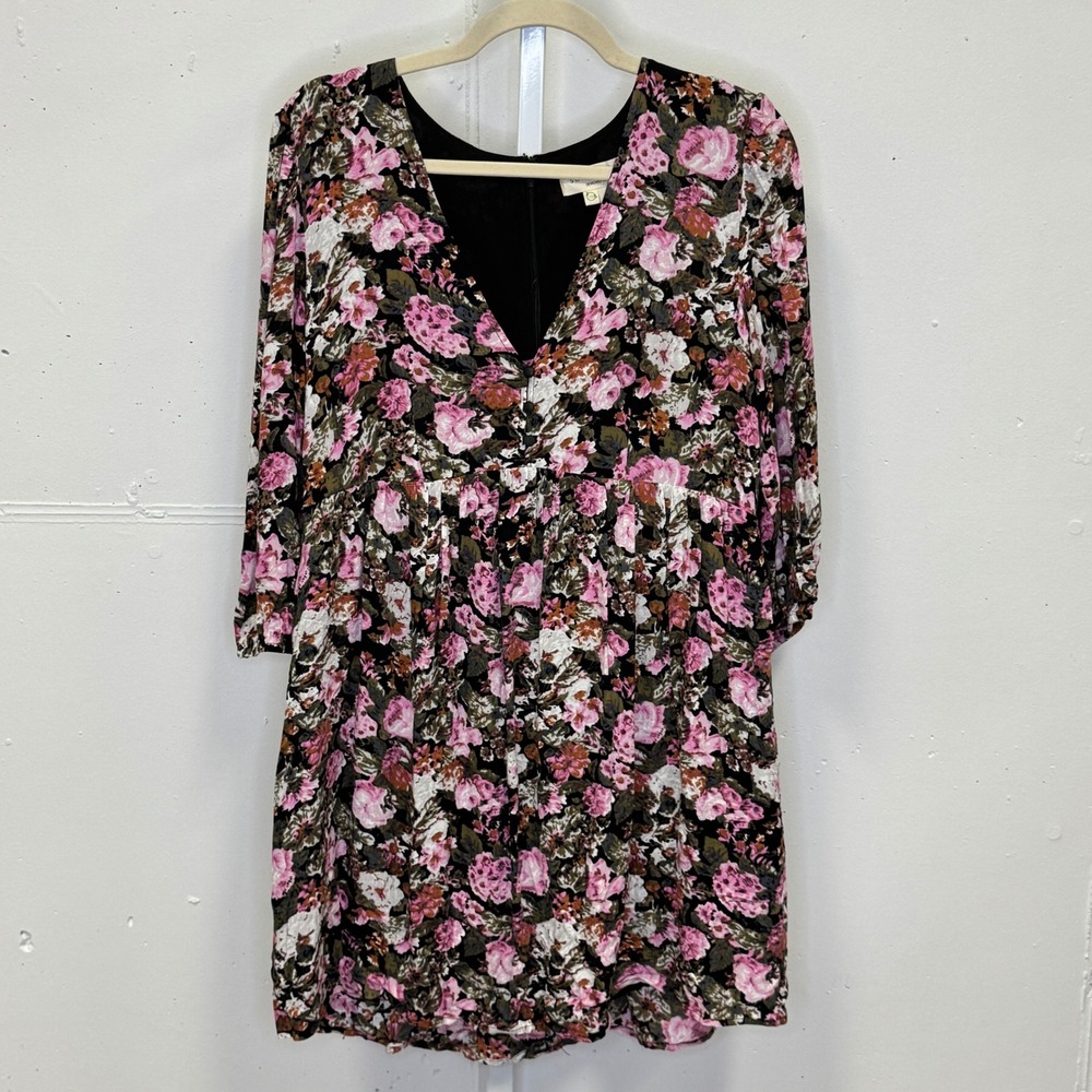 Saltwater Luxe Pink Floral V-Neck Mini Dress Long Sleeve Rayon Medium Boho